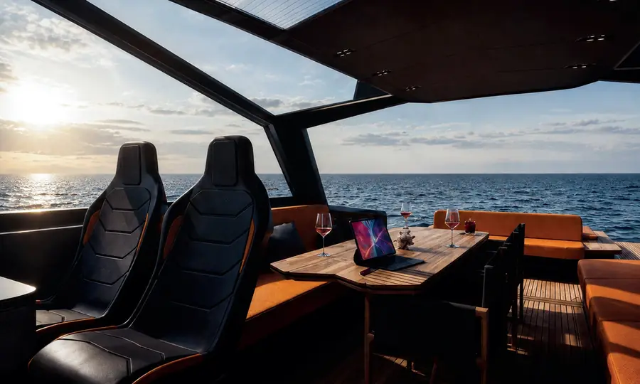The RS 60 helm and dining area at dusk, looking out to sea